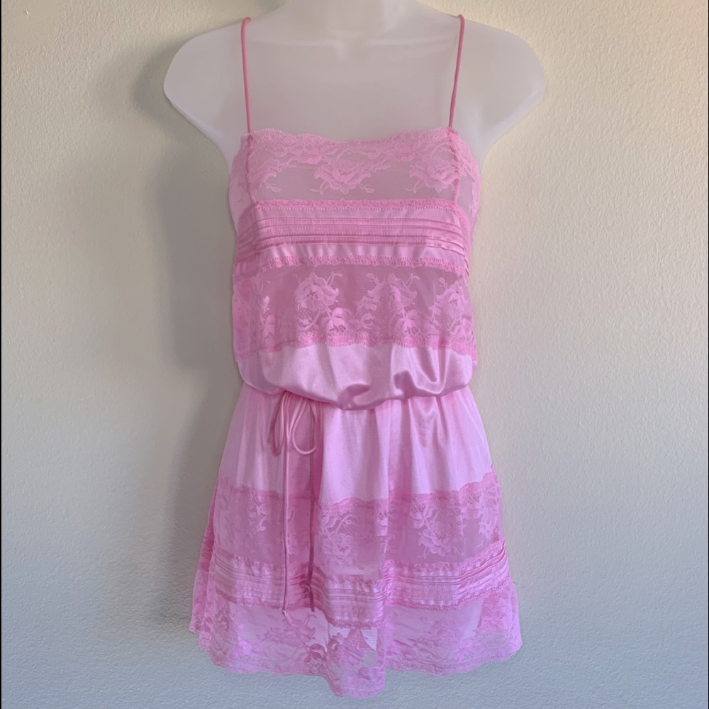 Vintage Bubble Gum Pink Lace Panel Nightgown w/ Cinch Waist by Da Notte - Sz. L